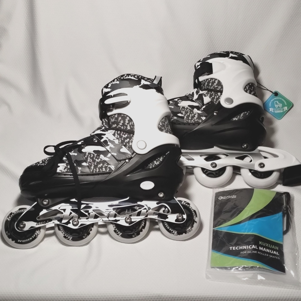 Kuxuan Adjustable Light-Up Inline Skates Youth Boys XL US 6.5-8 Black White Camo